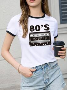 INAWLY Audiotape Print Contrast Binding Tee Graphic Tees Women Tops - White - View 4