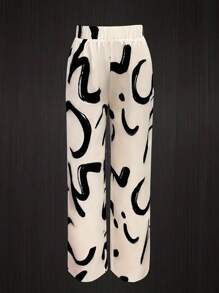 INAWLY Set de 2 piezas: Blusa larga casual con estampado abstracto y pantalones, para mujer