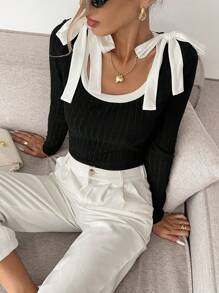 SHEIN Frenchy Women's Casual Contrast Color Round Neck Bowknot Bodysuit, Autumn And Winter,Contrast Color Bow Decoration, Tight-Fitting Long-Sleeved Black And White Bodysuit With Square Round Neck