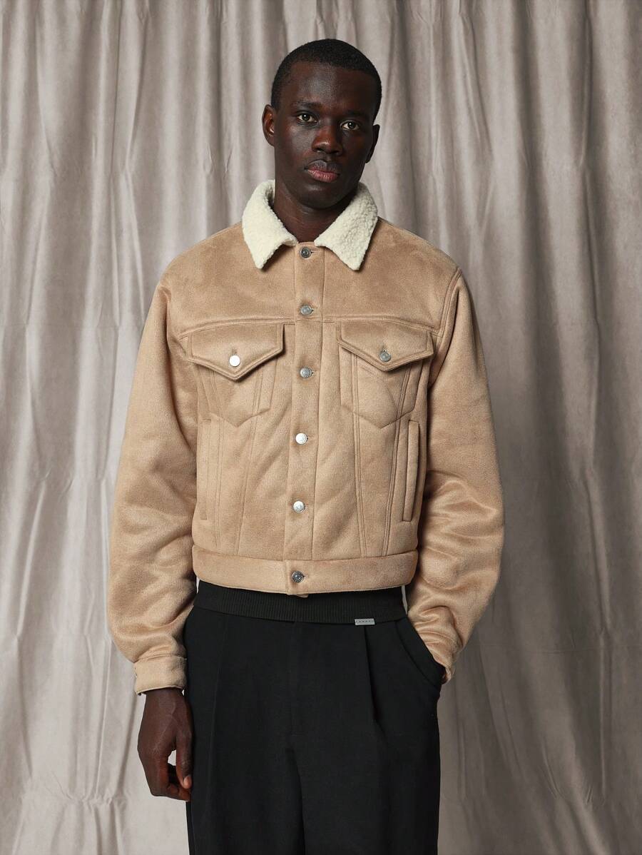 SUMWON Premium Western Trucker Jacket With Sherpa Collar Winter Outerwear Classic Design Front Button Closure Rugged Cowboy Style - Khaki - View 1