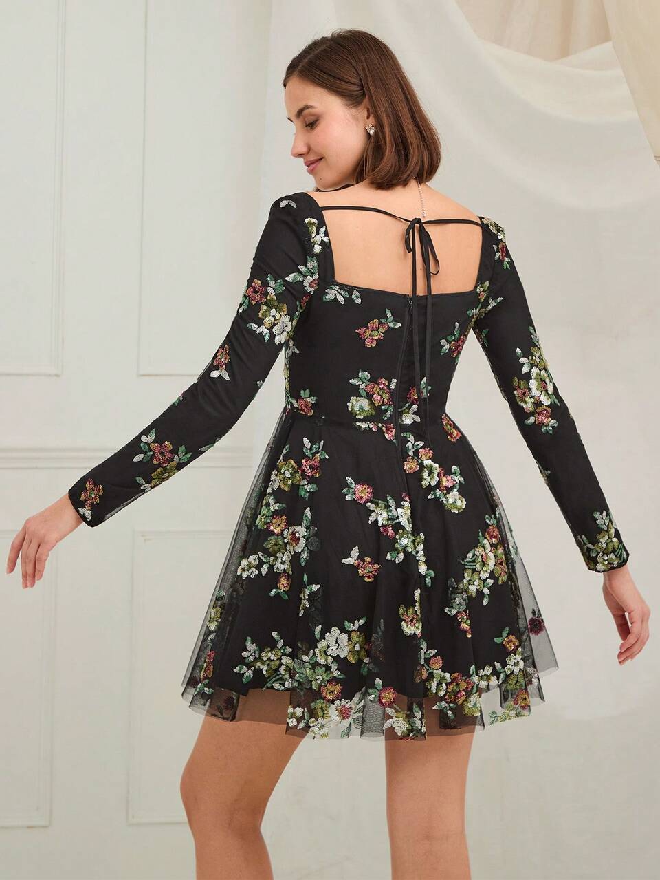 Women's Elegant Black Floral Sequined Mesh Square Collar Mini Dress,Autumn Holiday New Years Winter Outfits For Christmas Party& Dinner Date