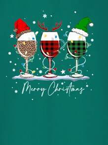 Manfinity Homme Fashionable Casual Christmas Wine Glass Pattern Print Couple T-Shirt, Men's Regular Fit Short Sleeve Tee, Olive Green