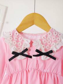 SHEIN Baby Girl 0-3Y Elegant Fashion Loose Bow Design Lace Floral Collar Pink Princess Dress, Autumn/Winter New