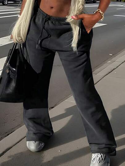 INAWLY 女士休闲纯色抽绳腰运动裤