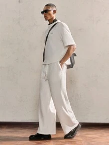 AKNOTIC Party 2 件套男士宽松蝙蝠袖圆领休闲 T 恤套装，适合夏季 - 白色 - 查看 2