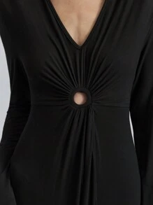 SHEIN X Angie Costa Ontre Women's Black Deep V-Neck Knit Slim Fit High Slit Maxi Party Dress