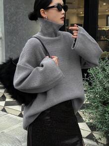 DAZY Women's Solid Color Turtleneck Long Sleeve Simple Sweater, Casual For Daily Wear,Fall Women Clothes