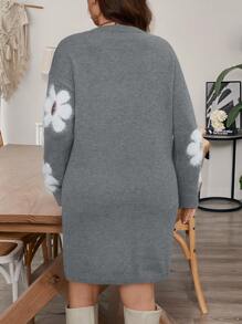 SHEIN Clasi Plus Size Crew Neck Long Sleeve Floral Graphic Detail Casual Short Knit Dress, For Winter - Grey - View 2