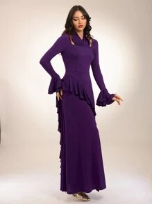 Modelyn 女士纯色喇叭袖荷叶边优雅超长连衣裙长款晚礼服 - 紫色 - 查看 5