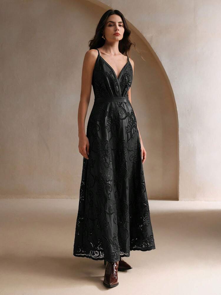 Women Embroidered Flared Hem Sleeveless PU Dress - Burgundy Maxi Women Outfit