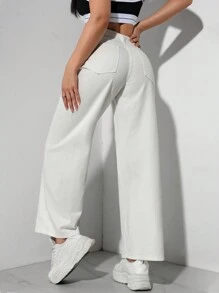 SHEIN PETITE 休闲百搭直筒白色牛仔裤 - 白色 - 查看 2