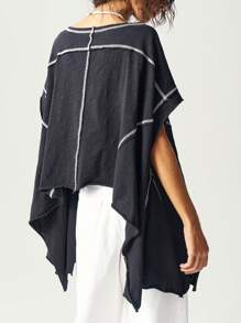 Bohemela 女士简约彩色针织圆领短袖不对称下摆休闲 T 恤 - 黑色 - 查看 8