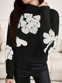 Mulvari Women's Turtleneck Long Sleeve Patterned Detail Casual Sweater