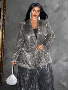 Maweii Plus Size Women Beaded Sequins Lapel Long Sleeve Elegant Party Blazer Jacket For New Year Holiday Party Clothes - Silver - View 3