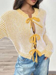 Chiquease 女士系带开衫，休闲时尚，适合日常穿着 - 黃色 - 查看 4