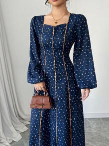 Modelyn Women's Ditsy Floral Sweetheart Neck Lantern Sleeve Maxi Elegant Abaya Dress, Modest - Navy Blue - View 4