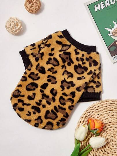 PETSIN 1 件豹纹毛绒保暖圆领运动衫，适合猫狗，无帽子，适合秋冬季