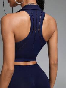 Innovista 2 件无缝罗纹支撑网状结构背部和高腰紧身裤女式运动套装、Polo V 领短款背心和健身骑行紧身裤套装、塑身弹力紧身裤短裤、网球女装、返校季、秋冬女装套装 - 藏蓝色 - 查看 10