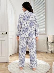 Floral Print Collared Button Down Puff Sleeve Plus Size Pajama Set