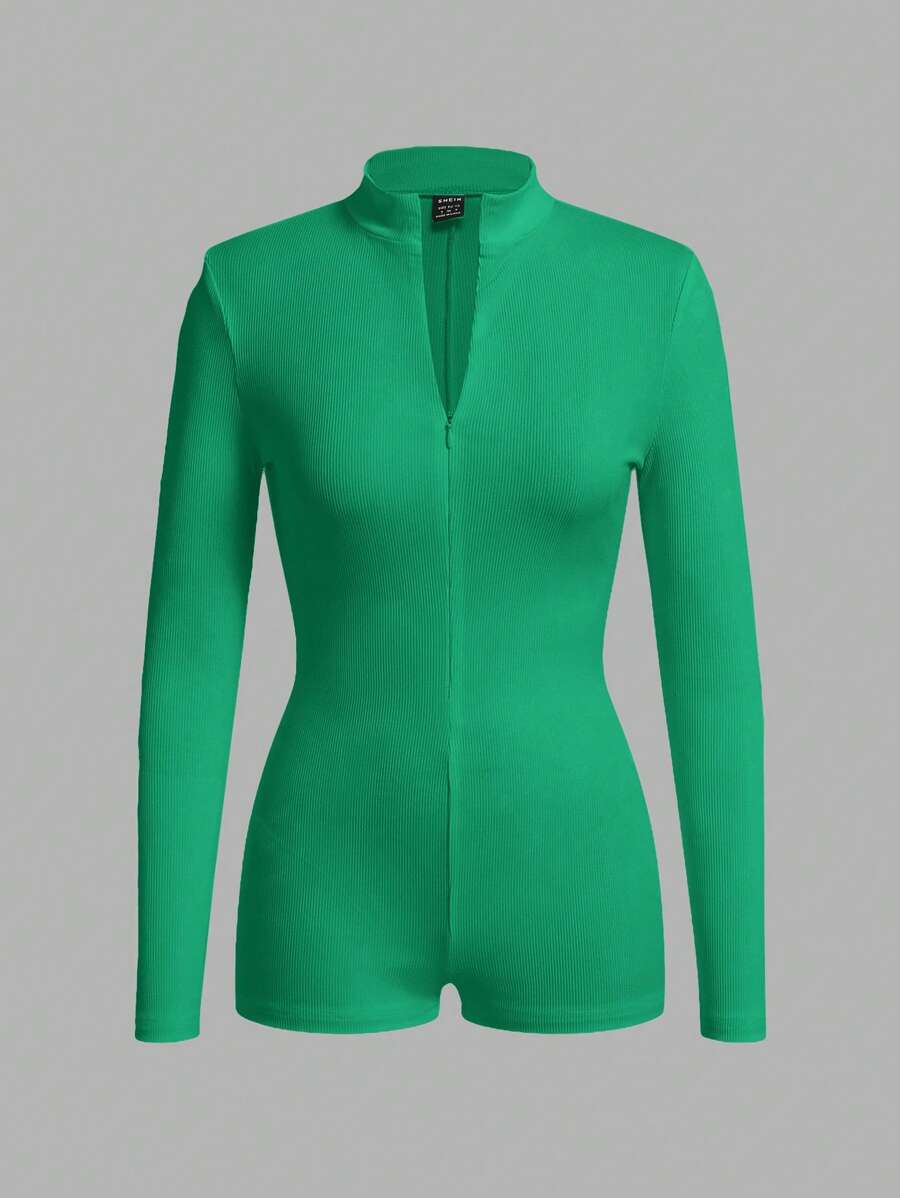 Slaydiva White Ribbed Fabric Long Sleeve Zip Front Jumpsuit, Casual - Green - View 1