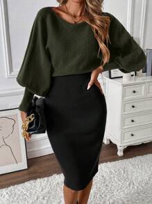 SHEIN Clasi Vestido jersey de Body entallado con manga larga, cuello asimétrico y bloques de color, para otoño/invierno