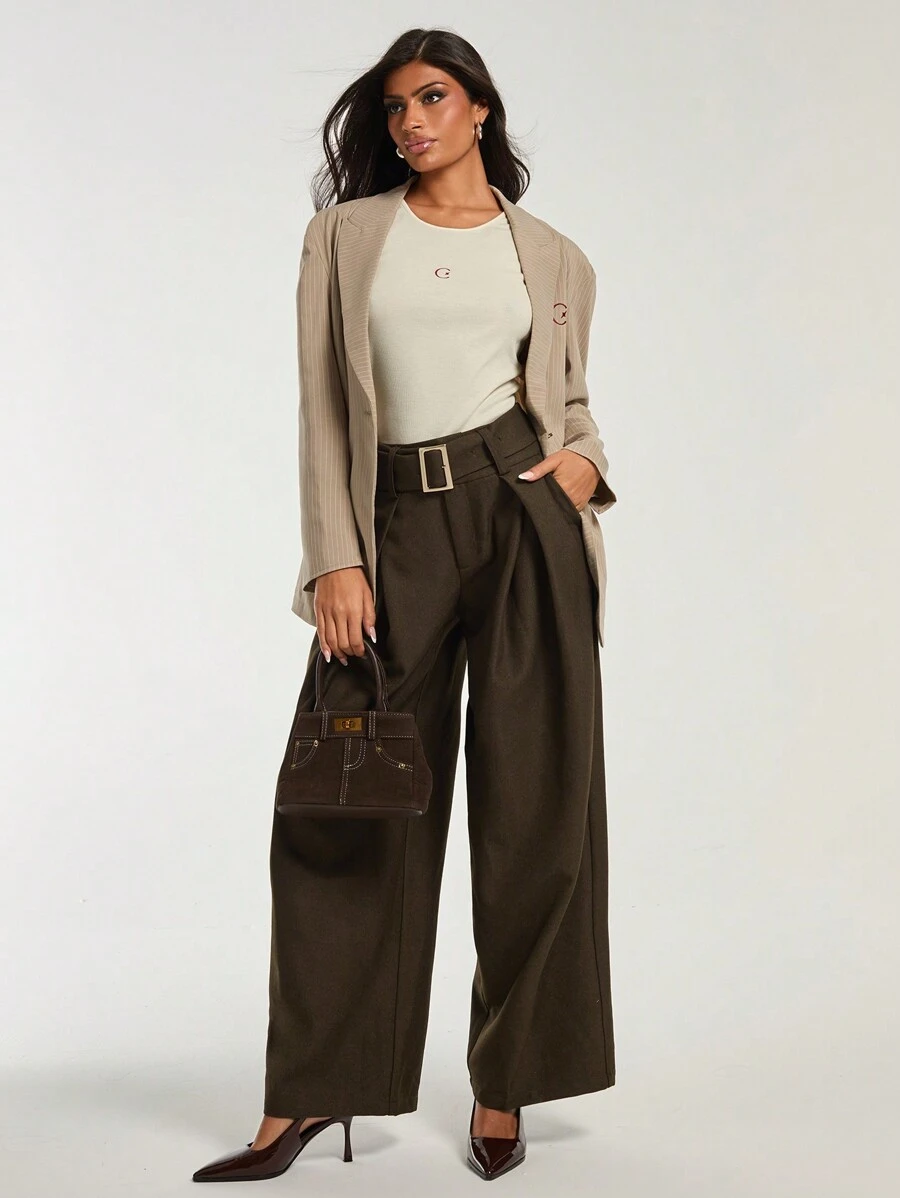 COSMINA Women's Dark Brown Pleated Design Trousers, Autumn/Winter - Coffee Brown - View 1