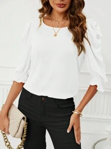 SHEIN Clasi Ladies' Solid Color Round Neck Casual Blouse For Summer