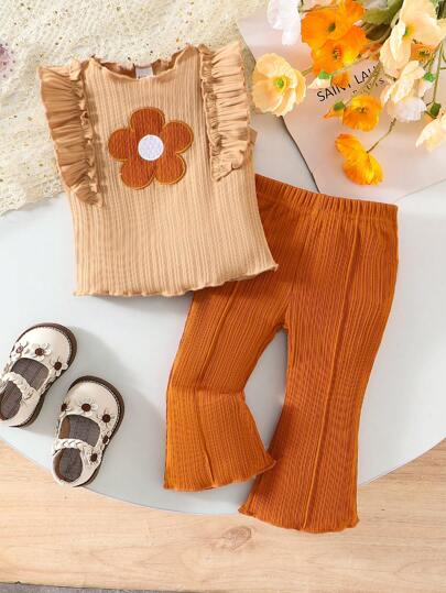 SHEIN Vintaside Kids 女婴可爱复古 2 件套：花卉刺绣针织背心和阔腿裤，舒适透气，适合夏季