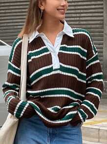 DAZY Color Block Striped Loose Long Sleeve Sweater For Women