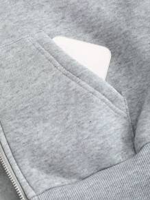 SHEIN Unity Áo nỉ dài tay dáng lửng màu xám có mũ trùm đầu, khóa kéo phía trước, chất liệu vải kẻ sọc, túi vá, kiểu dáng thường ngày, thích hợp cho nữ, kiểu áo chui đầu mùa thu. - Xám - Xem 5