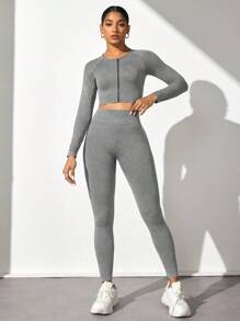 Easithlete Conjunto de ropa deportiva para mujer, nuevo diseño de ropa de yoga de manga larga para fitness, alta elasticidad para entrenamiento en el gimnasio - Gris Claro - Ver 5