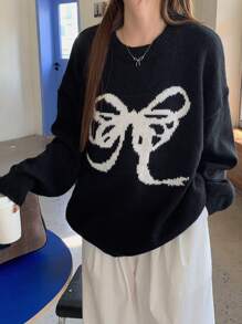 DAZY 女士圆领宽松蝴蝶结图案毛衣，秋装 - 黑色 - 查看 3