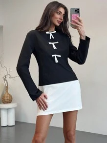 Aloruh Damen Einfarbig Patchwork Rundhals Langarm Schleife Dekor Lässig Kurz Kleid