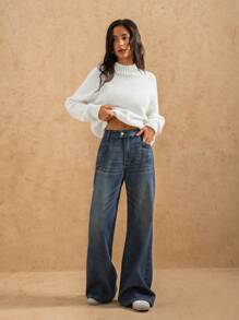 Forever 21 Nouveau pantalon en jean droit régulier à la taille légèrement évasé, spécialement délavé, pour l'automne/l'hiver