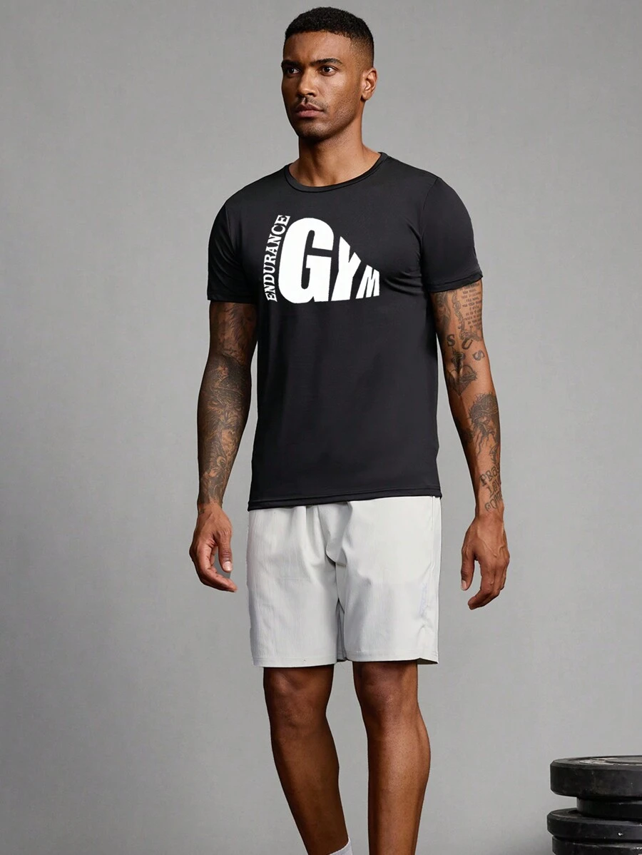 Manfinity Sport Corelite 男友风男士圆领短袖字母印花休闲运动T恤 - 黑色 - 查看 1