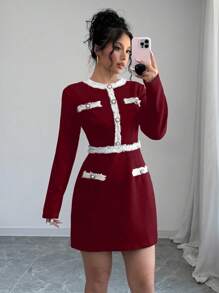 SHEIN Unity 女士纯色拼布前扣长袖口袋休闲短款连衣裙新年衣服 - 紅色 - 查看 3