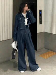 DAZY 2 件套女式牛仔短夹克和长牛仔裤套装，秋季服装，返校服装