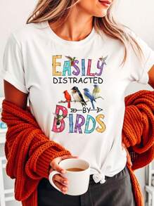 Calvaya Áo thun cổ tròn in hình chim tay ngắn thường ngày dành cho nữ, phù hợp cho mùa xuân/hè Áo thun họa tiết dành cho nữ - trắng - Xem 3