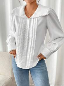 Calvaya Blusa blanca holgada de manga larga con cuello Peter Pan, bajo de encaje y recortes, estilo romántico francés y plisados