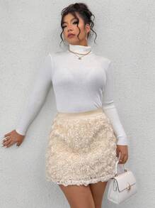 Celure Plus Size Elegant Apricot A-Line Skirt, 3D Rose Floral Decor Knee Length Skirt, Suitable For Valentine's Day