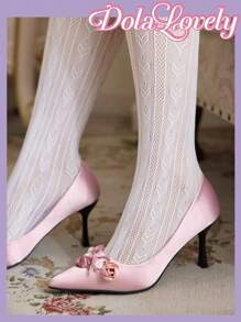 Dola Lovely Giày cao gót hở mũi họa tiết hoa nơ hồng trơn phong cách Lolita cho nữ - Hồng - Xem 4