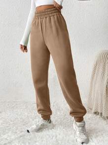 SHEIN PETITE Solid Elastic Waist Spring Sweatpants Simple Fashion Daily Casual - Khaki - View 4
