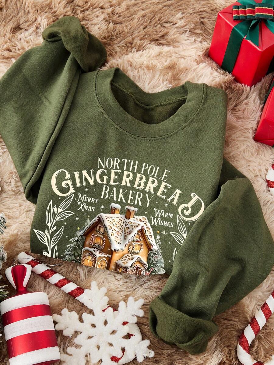 SHEIN LUNE 圣诞字母标语图案圆领宽松长袖运动衫，加大码 - 軍綠色 - 查看 1