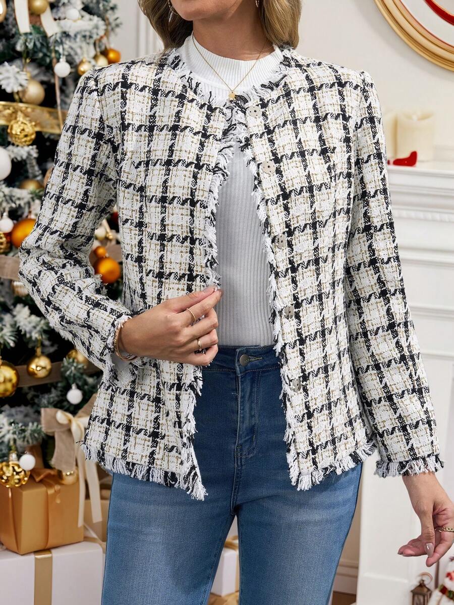 SHEIN Clasi 格子圈圈优雅女士大衣，秋冬夹克，女士冬装， - 白色 - 查看 1