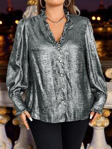 SHEIN Unity 大码女式优雅金属褶边 V 领前纽扣长袖衬衫，休闲派对上衣