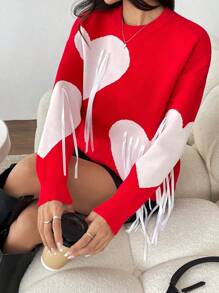 SHEIN Unity Loose Fit Contrast Color Heart Embellished Pullover Sweater For Autumn/Winter, Cozy & Casual For New Year Knit Pullover Fall - Red - View 8