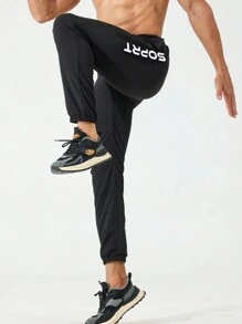 Gym Rark Boyfriend Style Men's Casual Front Tie Pocket Letter Print Minimalist Sports Pants Sweat Pants - Black - View 4