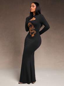 SHEIN SXY Elegantes, sexy Kleid für die Silvester-Partynacht und den Valentinstag, schwarz, hohe Dehnbarkeit, orientalischer Stehkragen, ausgeschnitten, Langarm, Fischschwanz-Boden-Länge, mit orangefarbenem Drachen-Muster - Schwarz - Übersicht 5