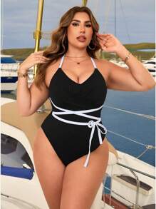 Swim Chiccia Plus Size V-Neck Contrast Color Tied Neck One-Piece Swimsuit Summer - Black and White - View 4