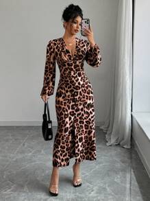 SHEIN Unity Button Decor Zipper Closure Long Sleeve Deep V-Neck Leopard Print Dress Maxi Women Outfit - Coffee Brown - View 6